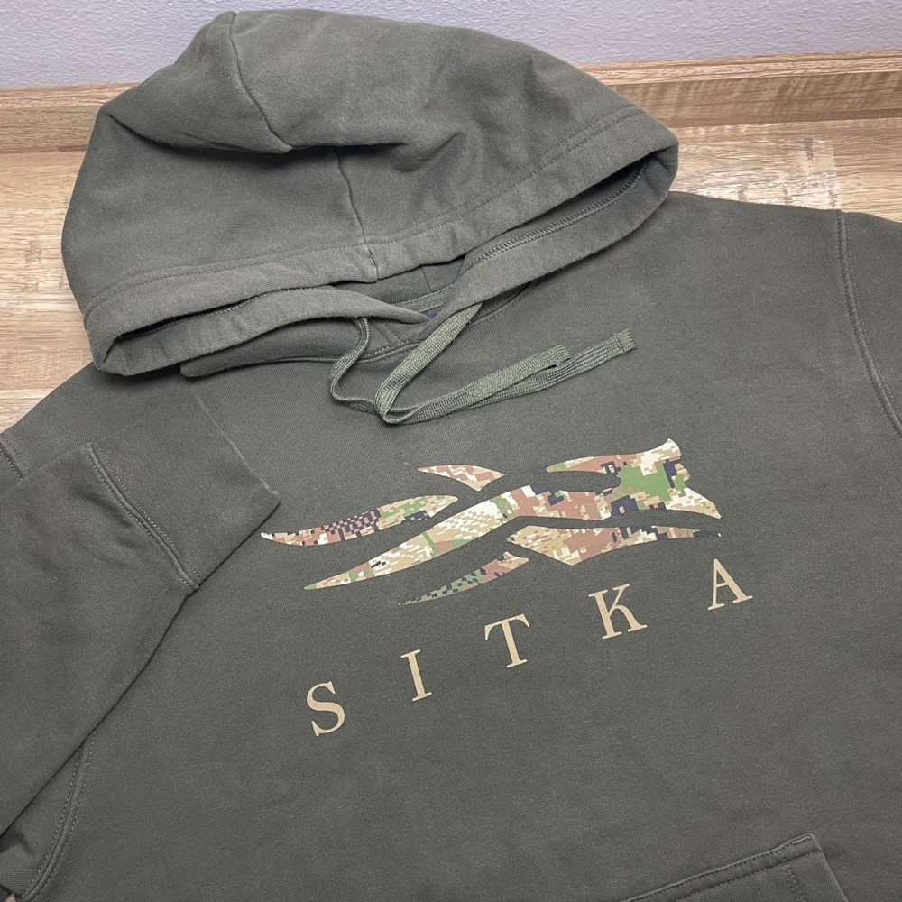 Sitka Gear Olive Green Camo Logo Pullover Hoodie Men's Large Kangaroo Pocket